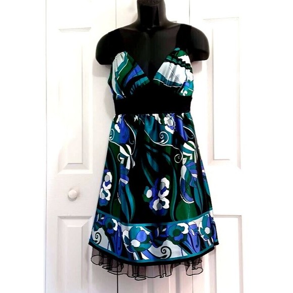 Speechless Junior Sz 7 Sundress Party Dress-Purple Blue/Green Floral/Blk Tulle - Picture 7 of 15